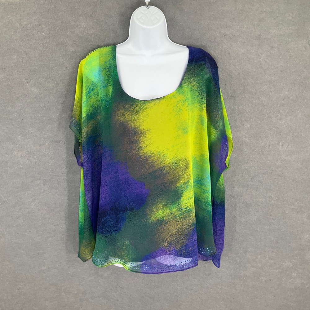 One World Women's Sz 1X Sheer‎ Abstract Purple Artsy Lightweight Embellished